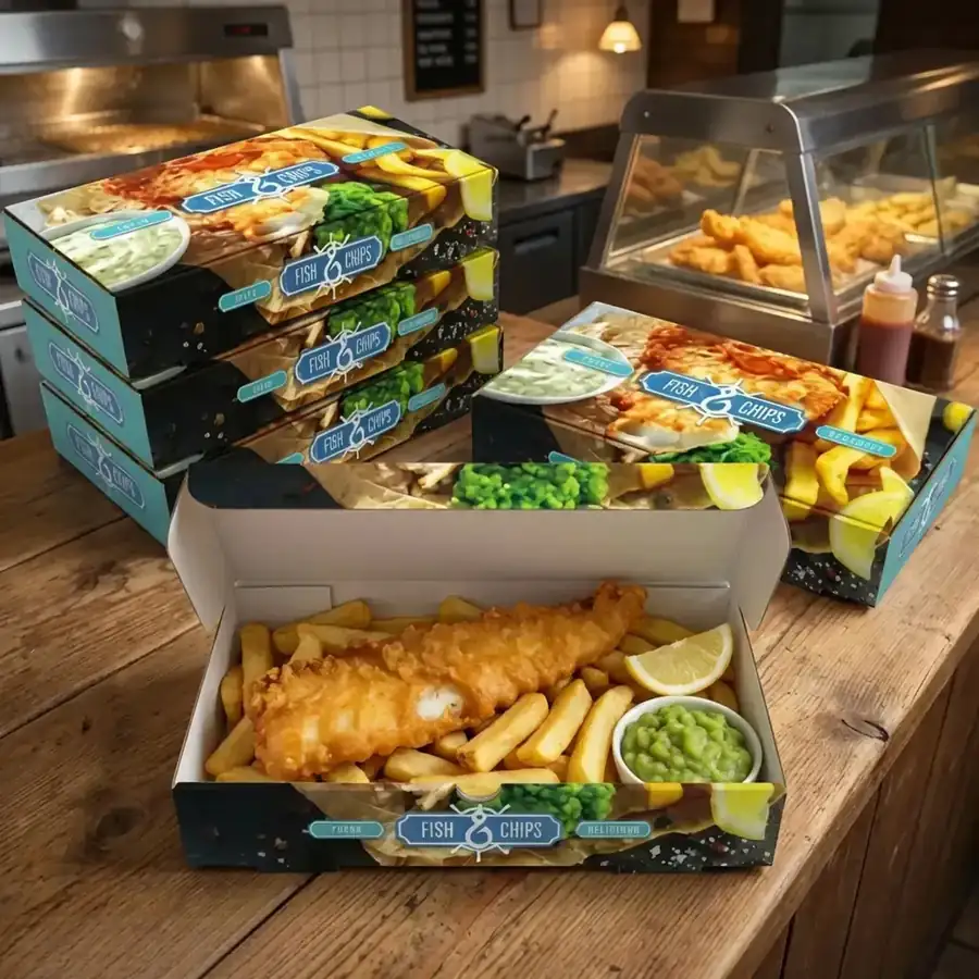 10 inch fish and chips boxes on a wooden counter with one open showing fish, chips and mushy peas