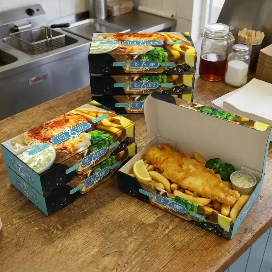12 inch fish and chips boxes on a counter, one open showing fish, chips and a pot of sauce