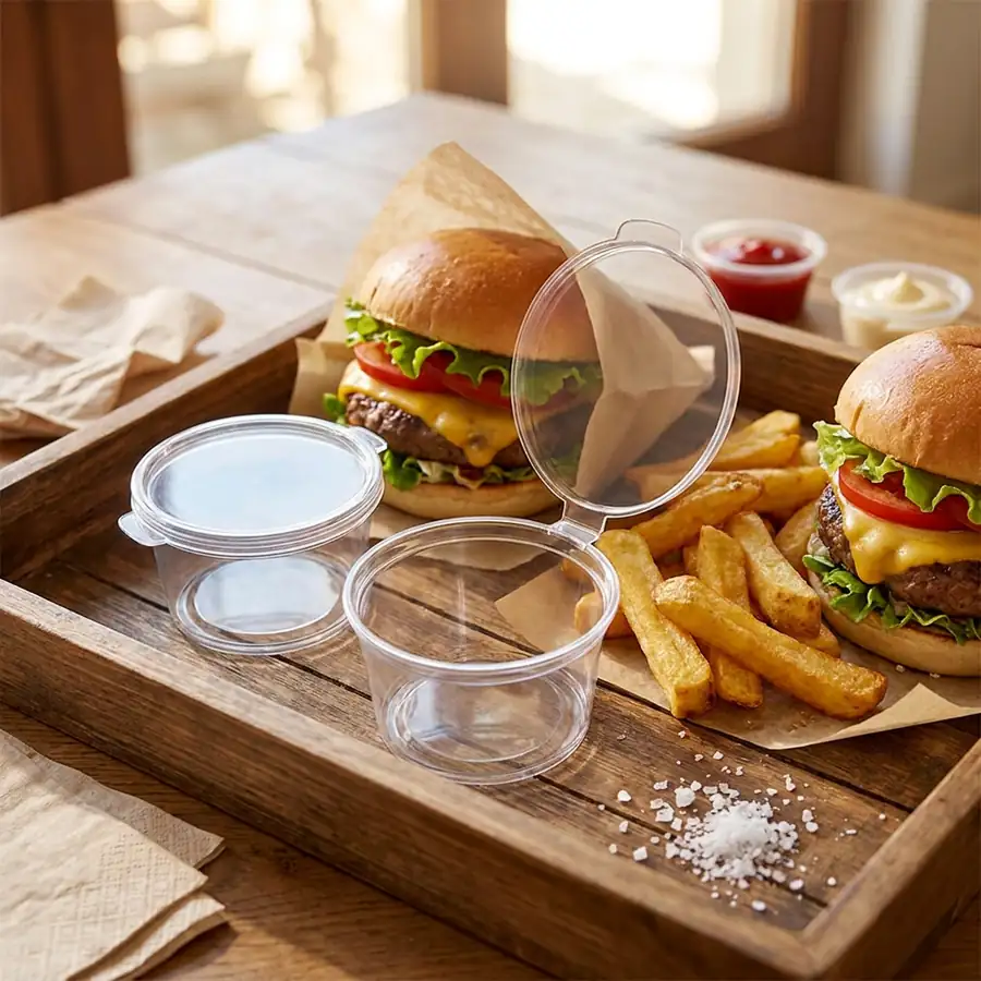 Two clear hinged sauce pots, one open, on a wooden takeaway tray with burgers and chips