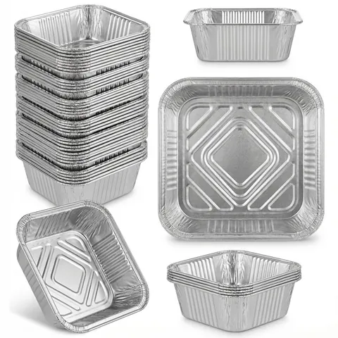 Small square-shaped silver aluminium foil containers with ribbed sides and rolled rims, shown nested in stacks and on their own, without lids, foil tray, takeaway tray