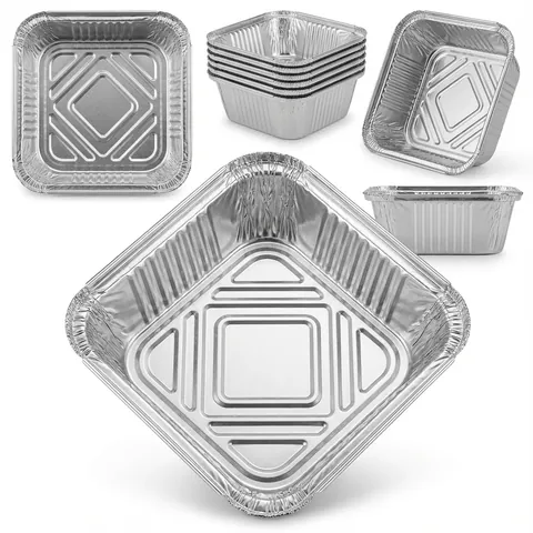 Silver aluminium foil containers with ribbed sides and rolled rims, one shown from above, others nested in a stack and on their side, without lids, foil tray, takeaway tray