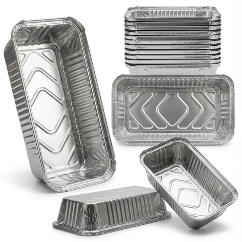 Oblong silver aluminium foil containers with ribbed sides and rolled rims, shown upright, upside down and nested in a stack, without lids, foil tray, takeaway tray