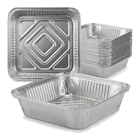 9x9 1.5 (Shallow) Aluminium Container, a pack in front with more packs stacked behind, foil container, foil tray