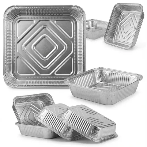 Square shallow silver aluminium foil trays with ribbed sides, rolled rims and a pressed pattern in the base, shown from above, at an angle and upside down, without lids, foil container, takeaway tray