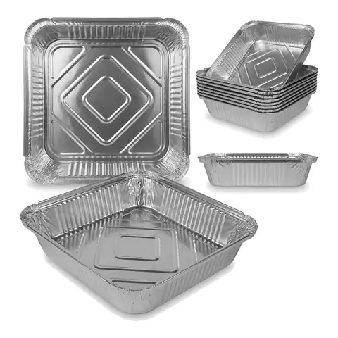 9x9 2.0 (Deep) Aluminium Container, a pack in front with more packs stacked behind, foil container, foil tray