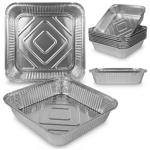 Square deep silver aluminium foil trays with ribbed sides, rolled rims and a pressed pattern in the base, shown from above, side-on and nested in a stack, without lids, foil container, takeaway tray