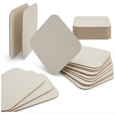 Small rectangular white board lids with rounded corners and brown board edges, shown loose, fanned out and stacked, foil container, aluminium container