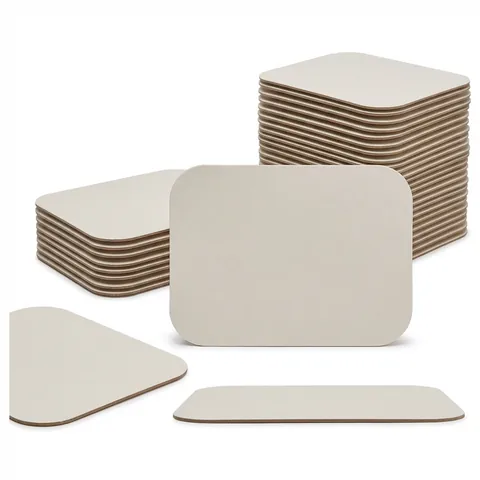 Rectangular white board lids with rounded corners and brown board edges, shown loose and in two stacks, foil container, aluminium container