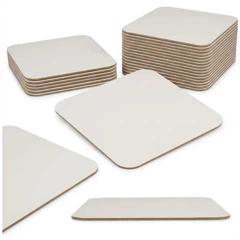 Square white board lids with rounded corners and brown board edges, shown loose and in two stacks, foil container, aluminium container