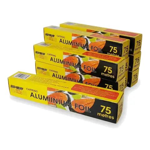 Large Aluminium Foil Roll 75m, a pack in front with more packs stacked behind, catering foil, kitchen foil