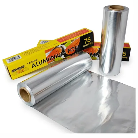 Two large rolls of silver catering aluminium foil, one partly unrolled, in front of yellow 75 metre catering foil dispenser boxes, kitchen foil, tin foil