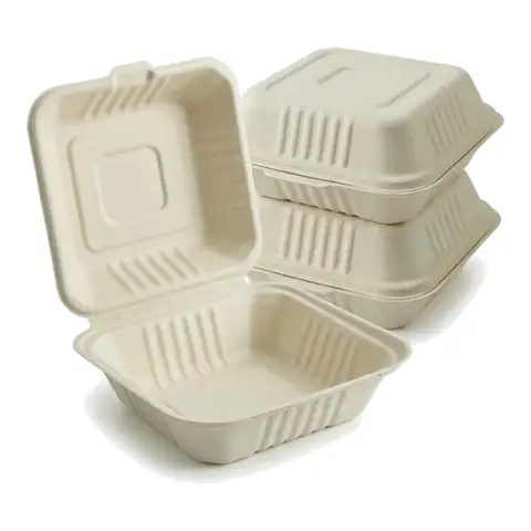 BB6 - 6X6 Bagasse Burger, a pack in front with more packs stacked behind, bagasse container, burger box
