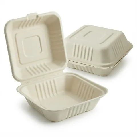 Two BB6 6x6 bagasse burger boxes with ribbed sides, one open and one closed, bagasse container, clamshell box