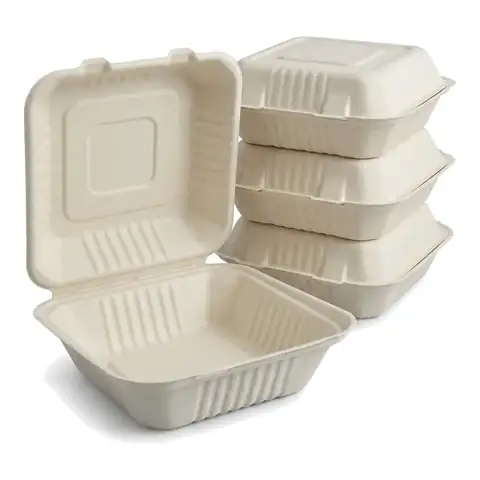 BB1 - 9X9 Bagasse, a pack in front with more packs stacked behind, bagasse container, burger box