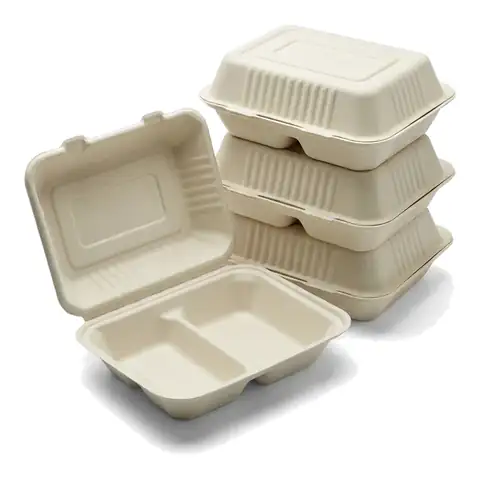 BB2 - 9X6 Bagasse 2 Compartment, a pack in front with more packs stacked behind, bagasse container, burger box