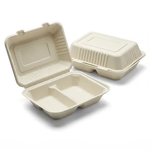 Two BB2 9x6 bagasse boxes, one open showing two compartments, one closed with ribbed sides, bagasse container, burger box