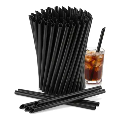 12M reusable black drinking straws in a bundle with loose straws and a small iced drink behind, paper straw, compostable straw