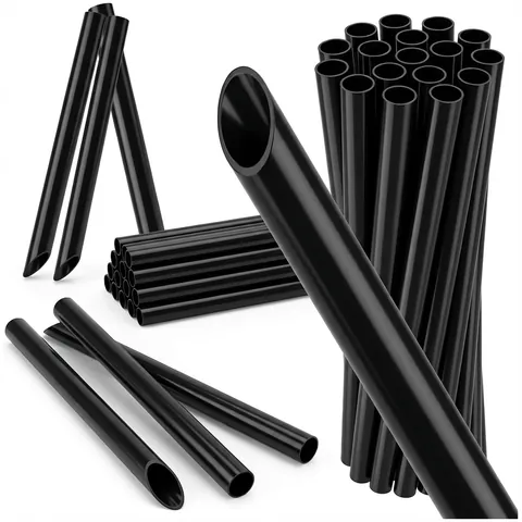 Wide black reusable straws with angled tips, loose and standing in bundles, drinking straw, paper straw