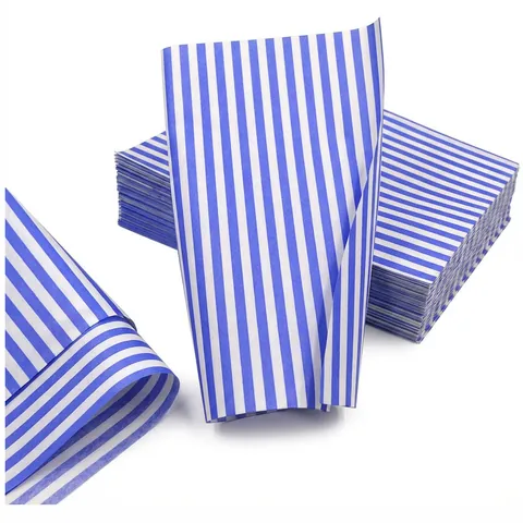 Stack of blue and white striped burger wrap sheets, with one sheet curled upright and another folded over at the front, burger paper, sandwich wrap