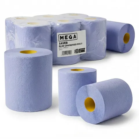Six blue centrefeed rolls in a shrink-wrapped Mega Saver pack labelled 2-ply, with loose embossed blue rolls in front, paper roll, wiper roll