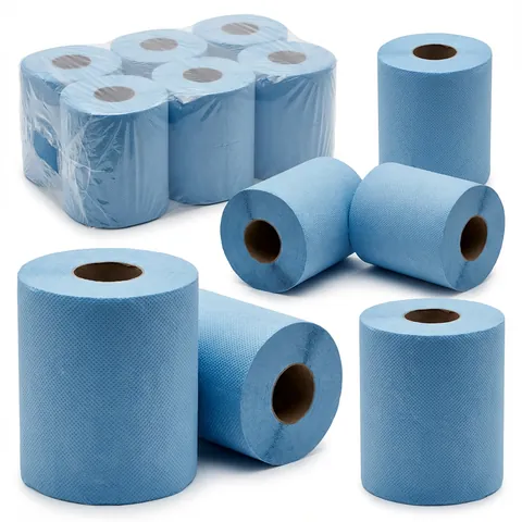Six blue centrefeed rolls shrink-wrapped in a pack, with loose embossed blue rolls with brown cardboard cores in front, paper roll, wiper roll