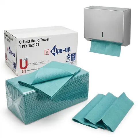 Green 1-ply C-fold paper hand towels, a wrapped sleeve and loose towels, with the case and a wall dispenser, napkin, serviette