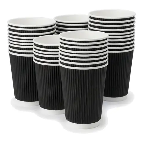 12oz Black Ripple Coffee Cups, a pack in front with more packs stacked behind, paper cup, hot drink cup