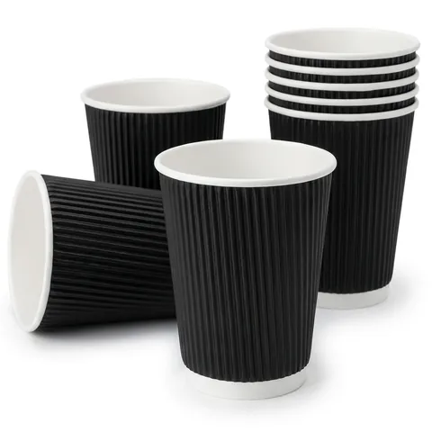 Black 12oz ripple wall paper coffee cups with white rims, three standing, one lying on its side and a nested stack, paper cup, hot drink cup