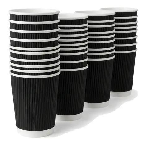 8oz Black Ripple Coffee Cups, a pack in front with more packs stacked behind, paper cup, hot drink cup