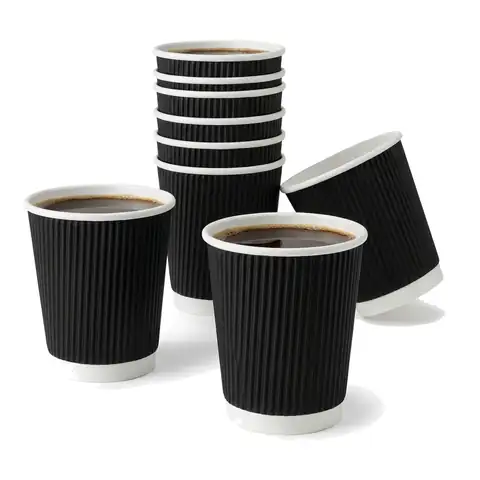 8oz Black Ripple Coffee Cups filled with coffee, paper cup, hot drink cup