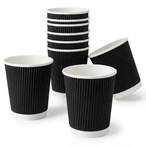 Black 8oz ripple wall paper coffee cups with white rims, three standing, one tipped on its side and a nested stack, paper cup, hot drink cup
