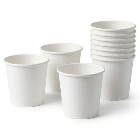 Plain white 4oz single wall paper espresso cups, three standing and a nested stack, coffee cup, paper cup