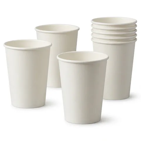 Plain white 12oz single wall paper coffee cups, three standing and a nested stack, paper cup, hot drink cup