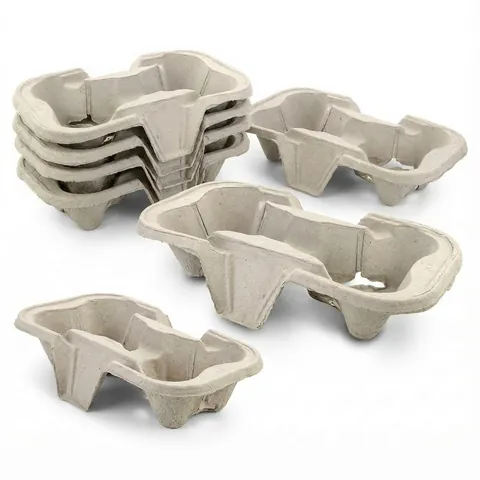 Stack of grey-beige moulded fibre 2 cup holders with three single trays beside it, cup carrier, drinks tray