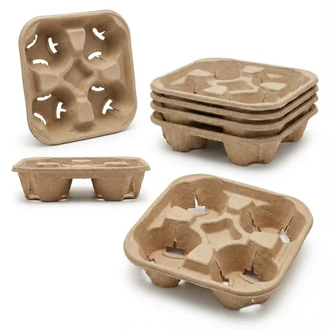 Square natural brown moulded fibre 4 cup carrier trays with four deep cup wells, shown from above, from the side and nested in a stack, drinks tray, coffee carrier