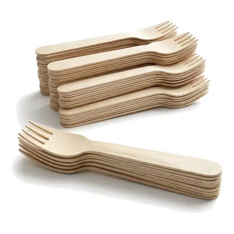 Birchwood Fork 6.3", a pack in front with more packs stacked behind, wooden cutlery, birchwood cutlery