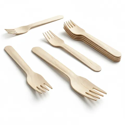 Birchwood forks with four tines on a white background, a small stack of forks and four loose forks, wooden cutlery, birchwood cutlery