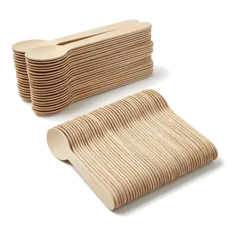 Birchwood Dessert Spoon 6.5", a pack in front with more packs stacked behind, wooden cutlery, birchwood cutlery
