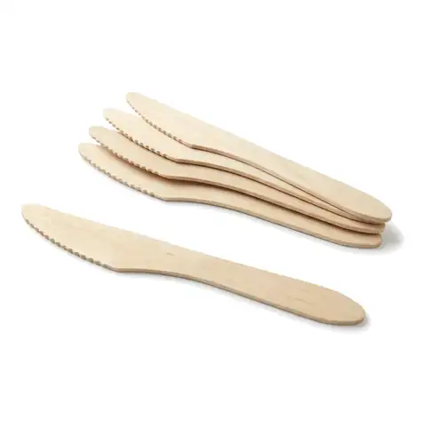 Birchwood Knife 6.5", a pack in front with more packs stacked behind, wooden cutlery, birchwood cutlery