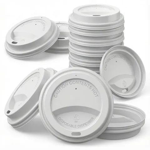 White plastic sip lids for 4oz espresso cups embossed 'Caution contents hot', loose and in a stack, paper cup, hot drink cup