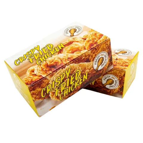 Two FC0 small chicken boxes printed with 'Crispy Fried Chicken', fried chicken photos and yellow ends, fried chicken box, chicken bucket