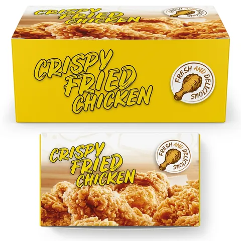 FC1 medium chicken box printed yellow with 'Crispy Fried Chicken', a fried chicken photo and a 'Fresh and Delicious' badge, shown from the front and top, fried chicken box, chicken bucket
