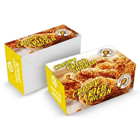 FC3 large chicken boxes printed yellow with 'Crispy Fried Chicken' and a fried chicken photo, one turned over to show the white base, fried chicken box, chicken bucket