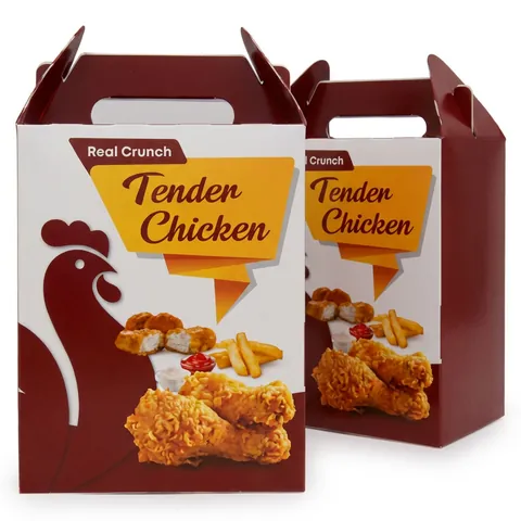 Two FC4 chicken bucket boxes with carry handles, printed with a deep red rooster, a 'Tender Chicken' banner and fried chicken photos, fried chicken box, wings box