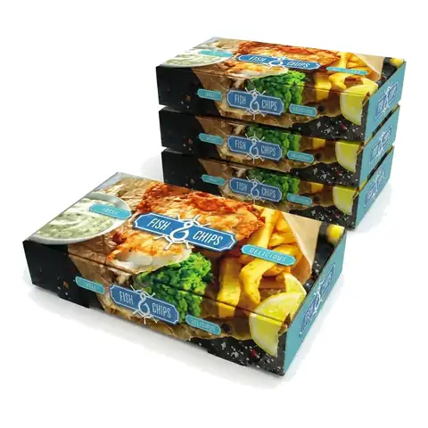9" Fish & Chips Box Small, a pack in front with more packs stacked behind, fish and chips box, chip box