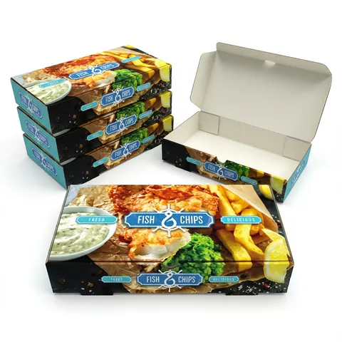Stack of 9 inch fish and chips boxes printed with battered fish, chips and mushy peas, one open to show the white inside and hinged lid, chip box, chippy box