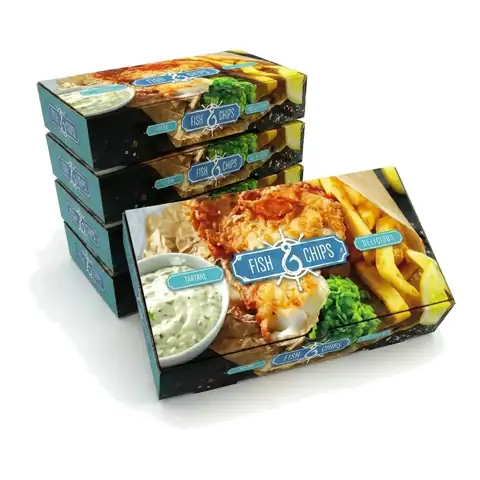 10" Fish & Chips Box Medium, a pack in front with more packs stacked behind, fish and chips box, chip box