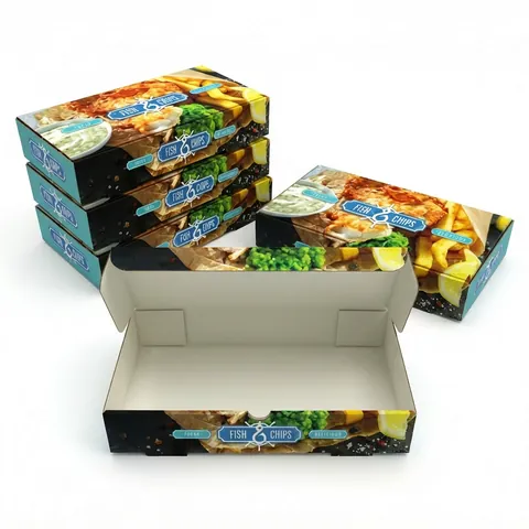 Stack of 10 inch fish and chips boxes printed with battered fish, chips and mushy peas, one open in front showing the white inside and hinged lid, chip box, chippy box