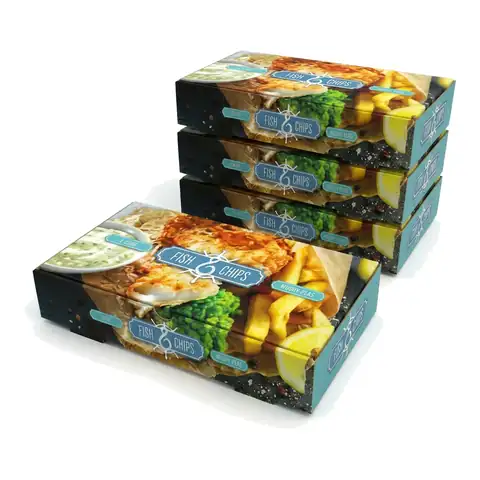 12" Fish & Chips Box Large, a pack in front with more packs stacked behind, fish and chips box, chip box