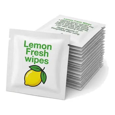 Lemon Fresh Small Wet Wipes, a pack in front with more packs stacked behind, lemon wipe, moist towelette